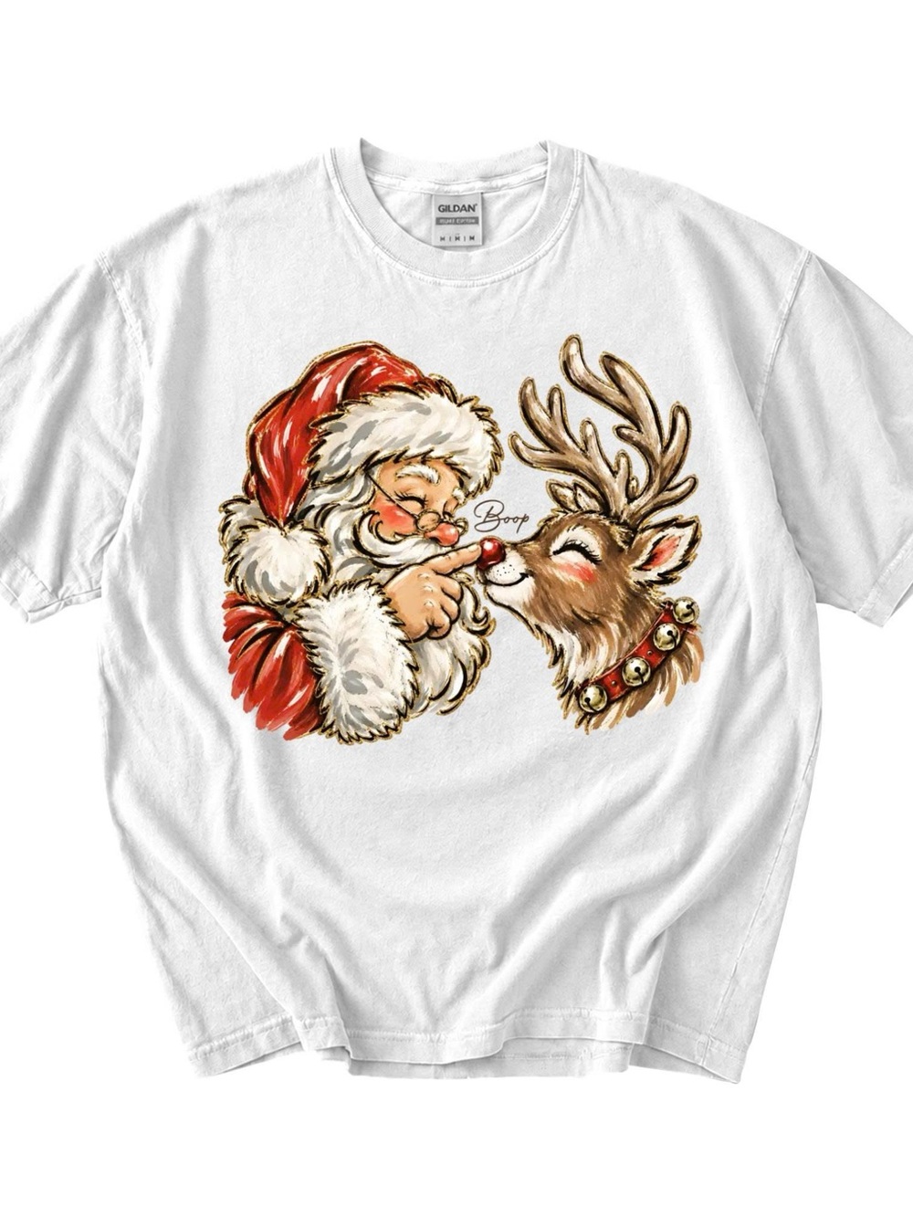 Gildan White Santa & Reindeer Nose-Boop Tee